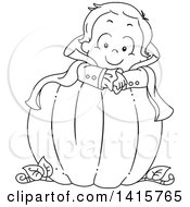 Poster, Art Print Of Black And White Lineart Boy Vampire In A Pumpkin