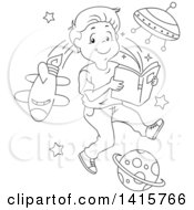 Poster, Art Print Of Black And White Lineart Boy Reading And Imagining That He Is In Outer Space