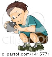 Poster, Art Print Of Brunette White Boy Crouching To Take A Picture With His Smart Phone