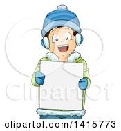 Poster, Art Print Of Brunette White Boy In Winter Gear Holding A Blank Sign