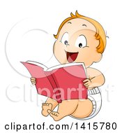 Poster, Art Print Of Red Haired Caucasian Baby Boy Reading A Book