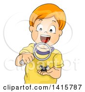 Poster, Art Print Of Red Haired Caucasian Boy Looking At A Horned Beetle Through A Magnifying Glass