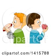 Poster, Art Print Of Caucasian Boys Standing Back To Back Eating A Hot Dog And Apple