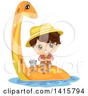 Poster, Art Print Of Brunette Caucasian Boy Fishing On The Back Of A Pliosaur Dinosaur