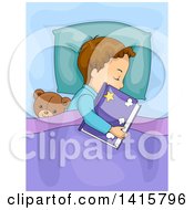 Brunette Caucasian Boy Sleeping With A Book And Teddy Bear