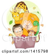 Poster, Art Print Of Happy Boy Reading A Story Book With Animals Huddled Around Him