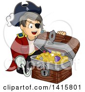 Pirate Boy With A Hook Hand Opening A Treasure Chest