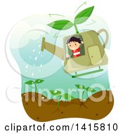 Boy Waving And Flying A Watering Can Helicopter Over A Garden