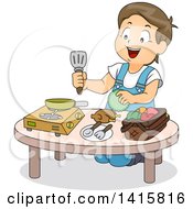Poster, Art Print Of Brunette White Boy Playing With Toy Kitchen Items