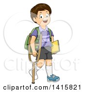Clipart Of A Brunette White School Boy Walking With A Crutch Royalty Free Vector Illustration