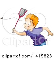 Poster, Art Print Of Red Haired Caucasian Boy Chasing A Fly With A Swatter