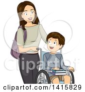 Poster, Art Print Of Brunette Caucasian Mother Pushing Her Disabled Son In A Wheelchair