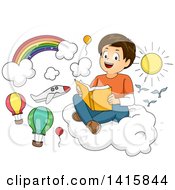 Clipart Of A Brunette Caucasian Boy Reading A Book About Transportation Royalty Free Vector Illustration