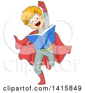 Poster, Art Print Of Boy Wearing A Super Hero Costume Pretending To Fly And Reading A Book