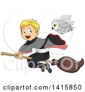 Poster, Art Print Of Wizard Boy Flying On A Broomstick With His Owl Familiar
