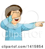 Poster, Art Print Of Happy Caucasian Boy Covering His Eyes And Pointing While Playing Hide And Seek