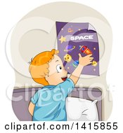 Poster, Art Print Of Red Haired Caucasian Boy Hanging A Space Poster On His Wall