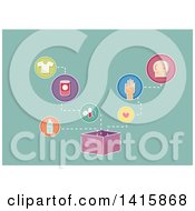 Clipart Of A Donation Box With Items Connected To It Over Green Royalty Free Vector Illustration