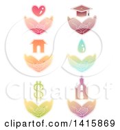 Clipart Of Hands Asking For Or Providing Basic Needs Royalty Free Vector Illustration