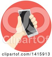 Poster, Art Print Of Round Icon Of A Hand Donating Or Holding A Smart Phone