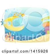 Clipart Of A Yellow Submarine Near A Tower Underwater Royalty Free Vector Illustration