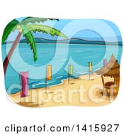 Poster, Art Print Of Sketched Beach With A Bar Hut Palm Tree And Colorful Banners