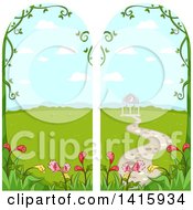 Clipart Of A Frames Of Gardens Vines And A Gazebo Royalty Free Vector Illustration