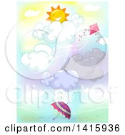 Poster, Art Print Of Happy Sun With A Kite Wind Clouds Rain And Umbrella