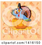 Poster, Art Print Of Thanksgiving Turkey Bird Pilgrim In A Pumpkin Over A Background Of Fall Leaves