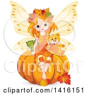 Poster, Art Print Of Cute Red Haired Fairy Girl Sitting With A Teddy Bear On Top Of A Halloween Thanksgiving Or Autumn Pumpkin