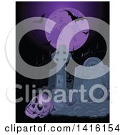 Clipart Of A Purple Full Moon With Bats Over A Human Skull In A Dark Cemetery Royalty Free Vector Illustration