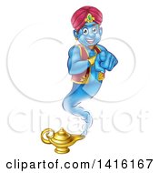 Friendly Blue Genie Emerging From His Lamp And Pointing At You