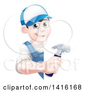 Poster, Art Print Of Happy Young Brunette Caucasian Worker Man Holding A Hammer Around A Sign