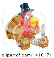 Thanksgiving Turkey Bird Wearing A Pilgrim Hat And Holding Silverware