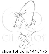 Clipart Of A Cartoon Black And White Lineart Moose Exercising With A Jump Rope Royalty Free Vector Illustration