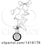 Poster, Art Print Of Cartoon Black And White Lineart Moose Riding A Unicycle