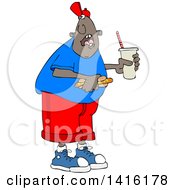 Cartoon African American Man Shouting Over His Shoulder And Holding A Fountain Soda And Hot Dog