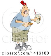 Cartoon Caucasian Man Shouting Over His Shoulder And Holding A Fountain Soda And Hot Dog