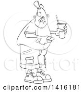 Clipart Of A Cartoon Black And White Lineart Man Shouting Over His Shoulder And Holding A Fountain Soda And Hot Dog Royalty Free Vector Illustration by djart