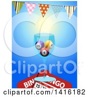 Poster, Art Print Of 3d Glass With Bingo Balls And Cards Under A Bunting Party Banner On Blue