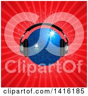 Poster, Art Print Of 3d Sparkly Blue Disco Ball Wearing Music Headphones Over A Red Burst
