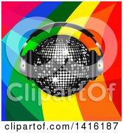 Poster, Art Print Of 3d Sparkly Black Disco Ball Wearing Music Headphones Over A Rainbow Curve Background