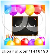 Clipart Of A Black Board With Back To School Text Pencils And Party Balloons Royalty Free Vector Illustration