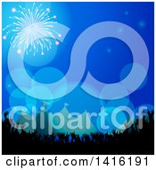 Clipart Of A Silhouetted Crowd At A Carnival Festival Concert Under A Night Sky With Fireworks Royalty Free Vector Illustration