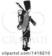 Clipart Of A Black And White Woodcut Napoleonic Hessian Soldier Standing With A Musket Royalty Free Vector Illustration