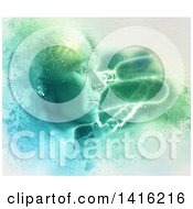 Clipart Of A 3d Male Human Head With Glowing Brain Viruses Or Bacteria And Dna Strands In Grunge Style Royalty Free Illustration