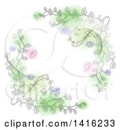 Poster, Art Print Of Sketched Floral Vines With Butterflies And Pink Purple And Green Spots Forming A White Cross Shape