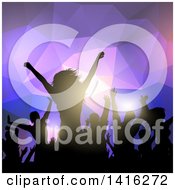 Poster, Art Print Of Silhouetted Dancing And Cheering Crowd Over Purple Geometric Lights