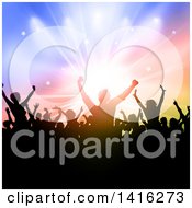 Clipart Of A Silhouetted Dancing And Cheering Crowd Over Colorful Lights Royalty Free Vector Illustration