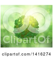 Clipart Of A 3d Planet With Trees Over Green Flares Royalty Free Illustration